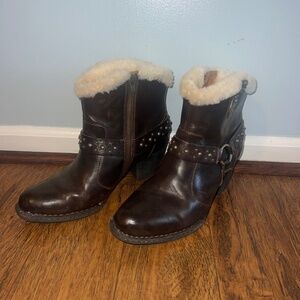 Born Womens Connolly Brown Leather Stud Shearling Lined Ankle Boots